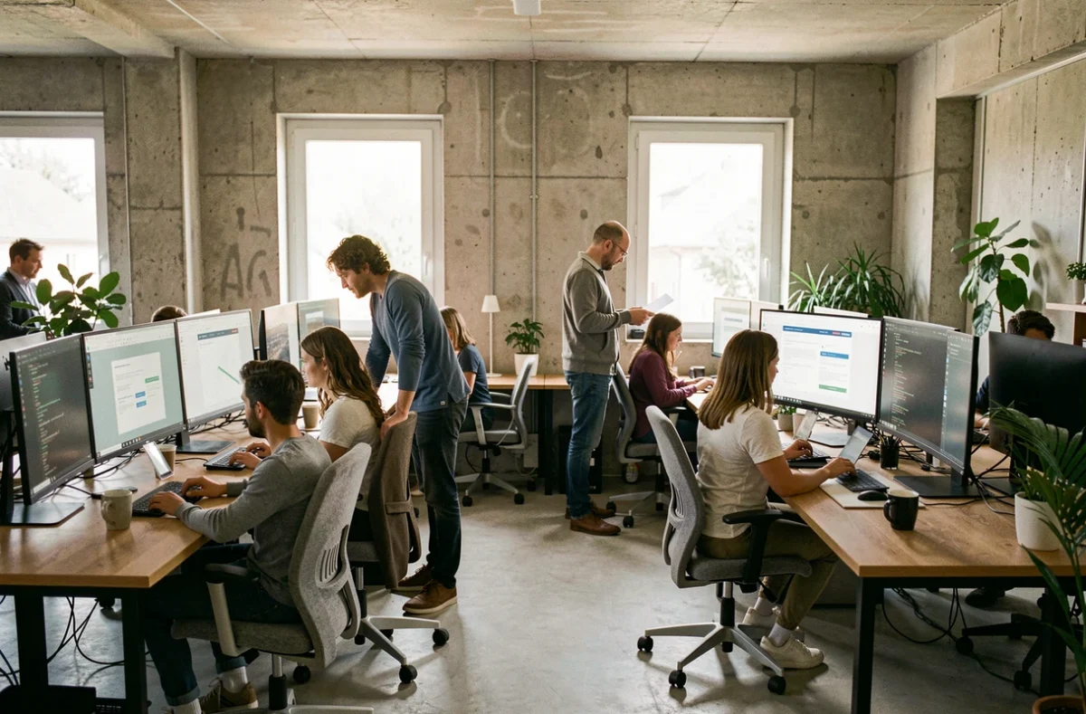 Vue d'ensemble d'une agence web moderne dans l'Ain avec des professionnels collaborant sur des projets digitaux