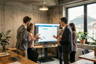 Équipe d'une agence web moderne à Lyon travaillant sur des projets digitaux dans un open-space contemporain