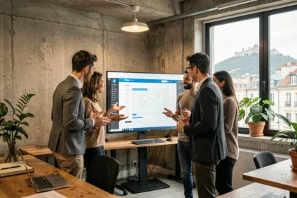 Équipe d'une agence web moderne à Lyon travaillant sur des projets digitaux dans un open-space contemporain