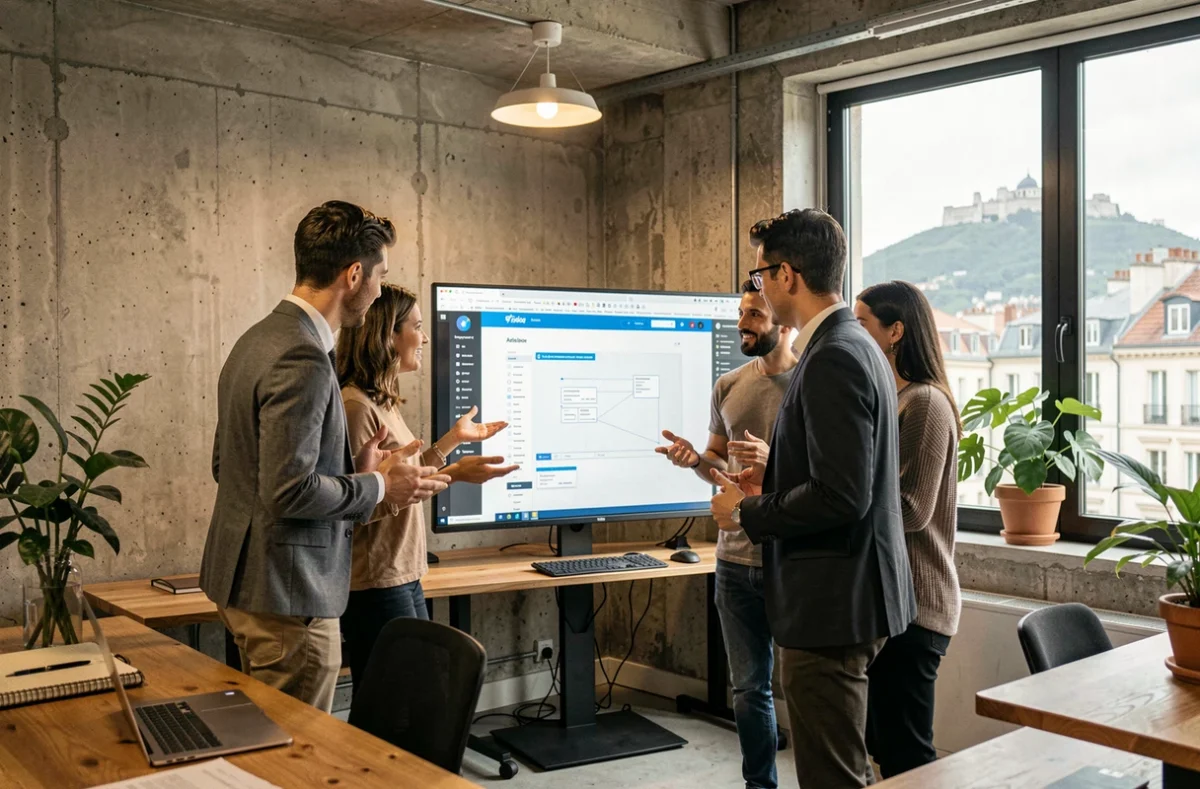 Équipe d'une agence web moderne à Lyon travaillant sur des projets digitaux dans un open-space contemporain