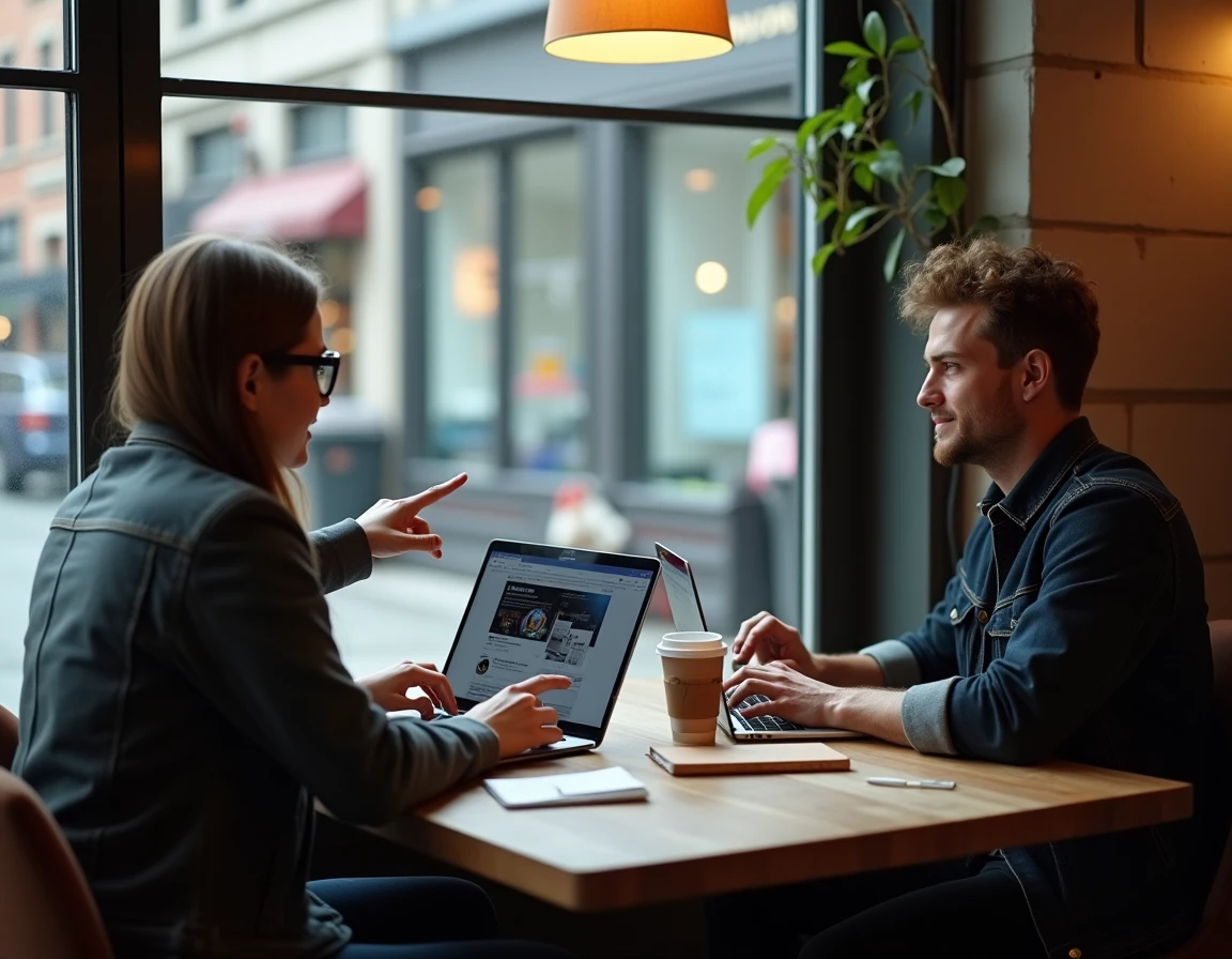Deux musiciens collaborant sur une plateforme de mise en réseau musical depuis un café urbain avec leurs ordinateurs portables