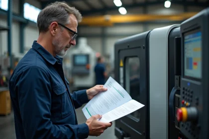 Opérateur CNC analysant un programme G-code sur papier devant une fraiseuse en atelier industriel