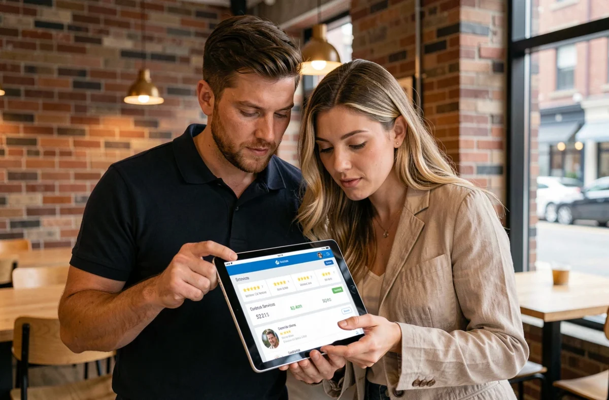 Deux professionnels du secteur BTP consultant un profil optimisé sur Batiav depuis une tablette