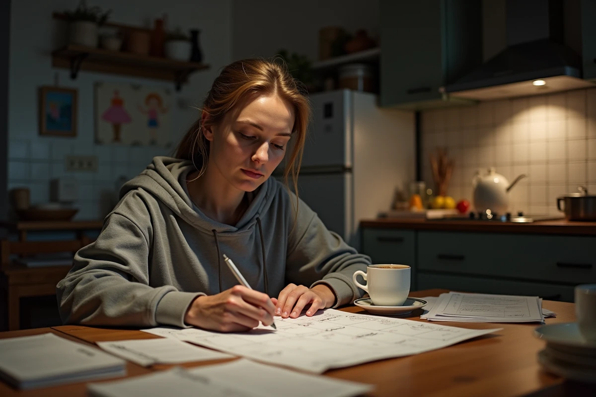 Femme organisant le planning familial en soirée dans une cuisine, gestion du quotidien avec des horaires de travail en 2x8