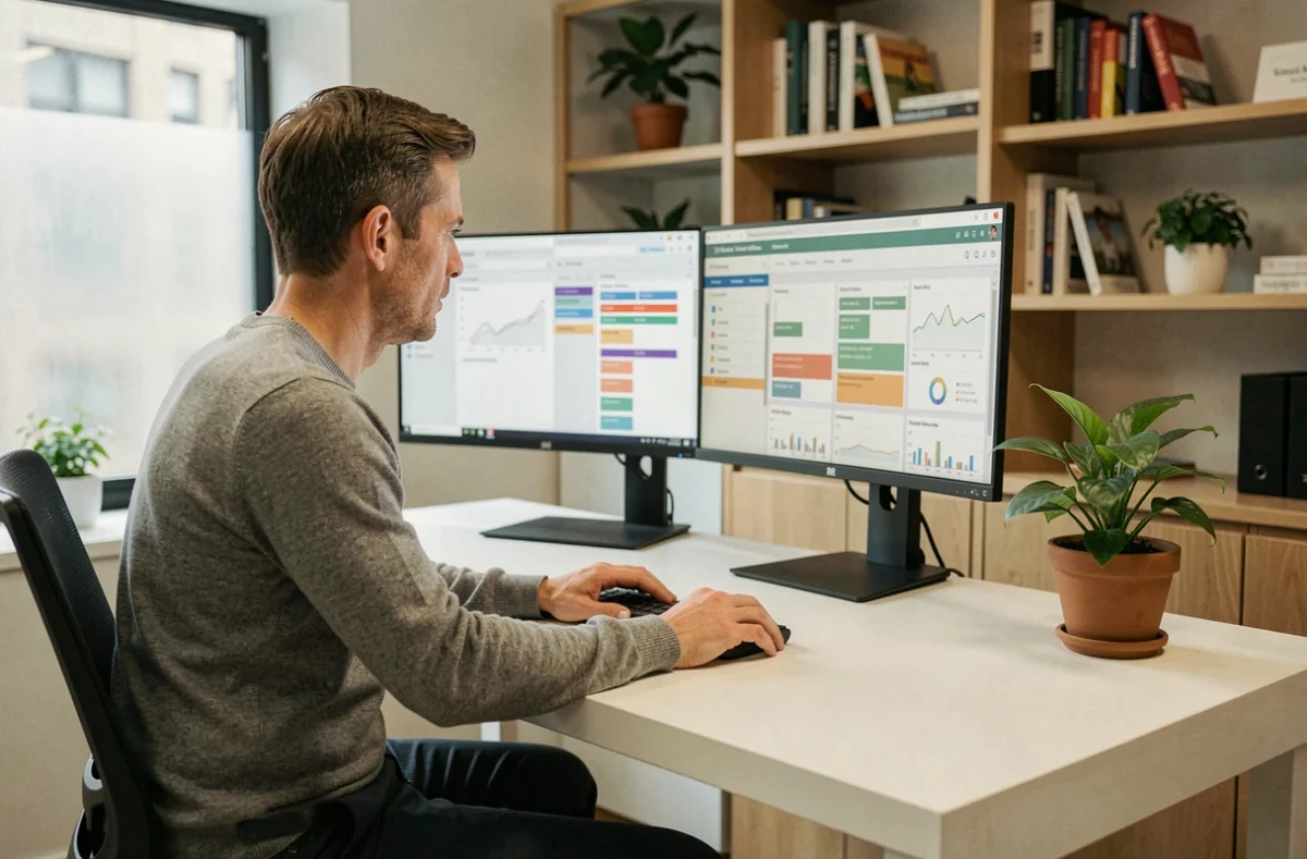 Responsable d'équipe analysant un outil de pilotage de performance sur double écran depuis son bureau