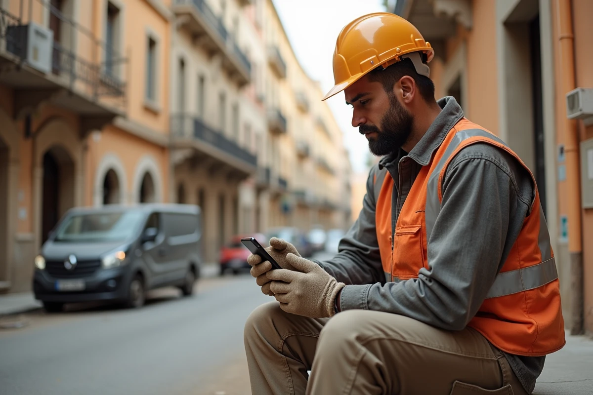 Ouvrier consultant le portail CCCP13 pour ses congés payés sur smartphone lors d'une pause sur un chantier à Marseille