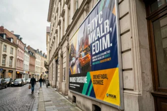 Panneau publicitaire en PVC installé sur une façade urbaine avec impression grand format colorée et texte commercial visible