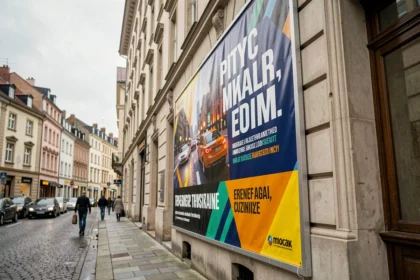 Panneau publicitaire en PVC installé sur une façade urbaine avec impression grand format colorée et texte commercial visible