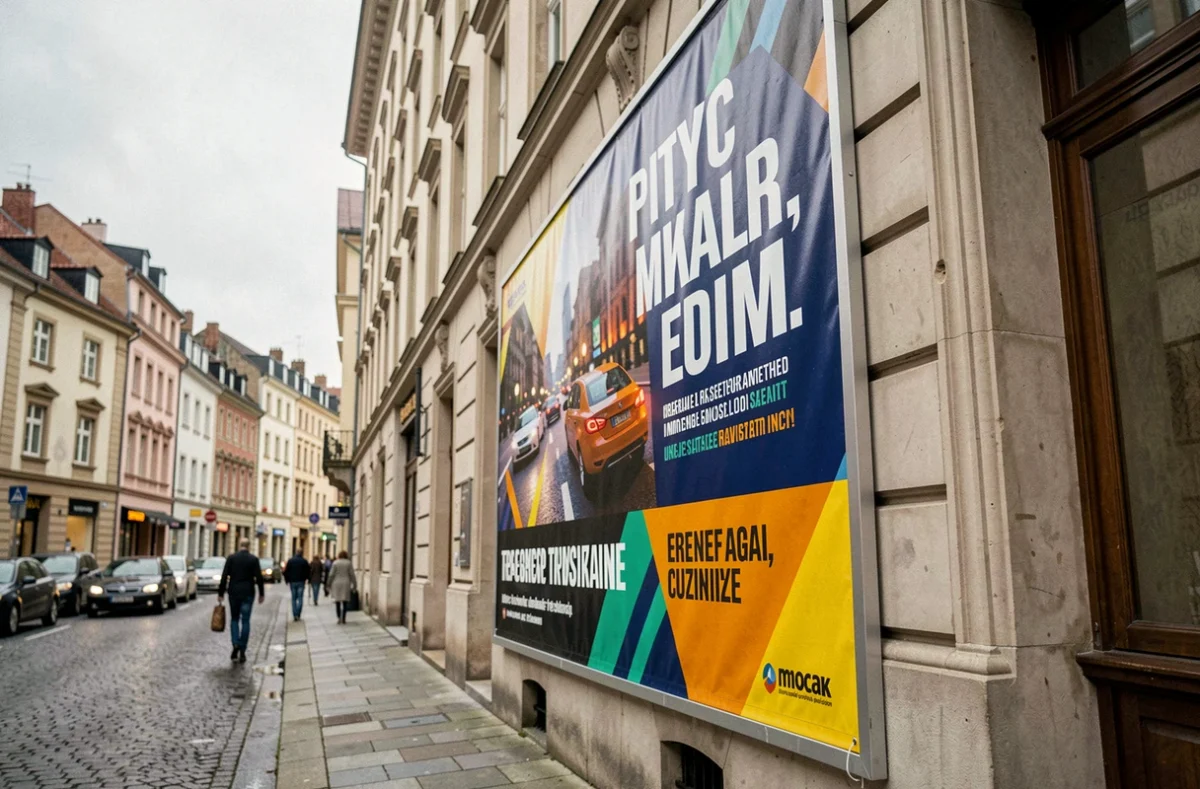Panneau publicitaire en PVC installé sur une façade urbaine avec impression grand format colorée et texte commercial visible