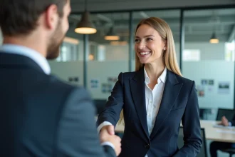 Poignée de main professionnelle entre deux partenaires B2B dans un bureau moderne, symbolisant une relation client durable
