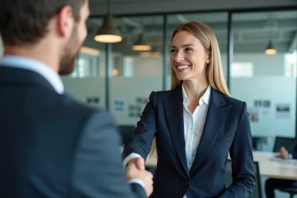 Poignée de main professionnelle entre deux partenaires B2B dans un bureau moderne, symbolisant une relation client durable