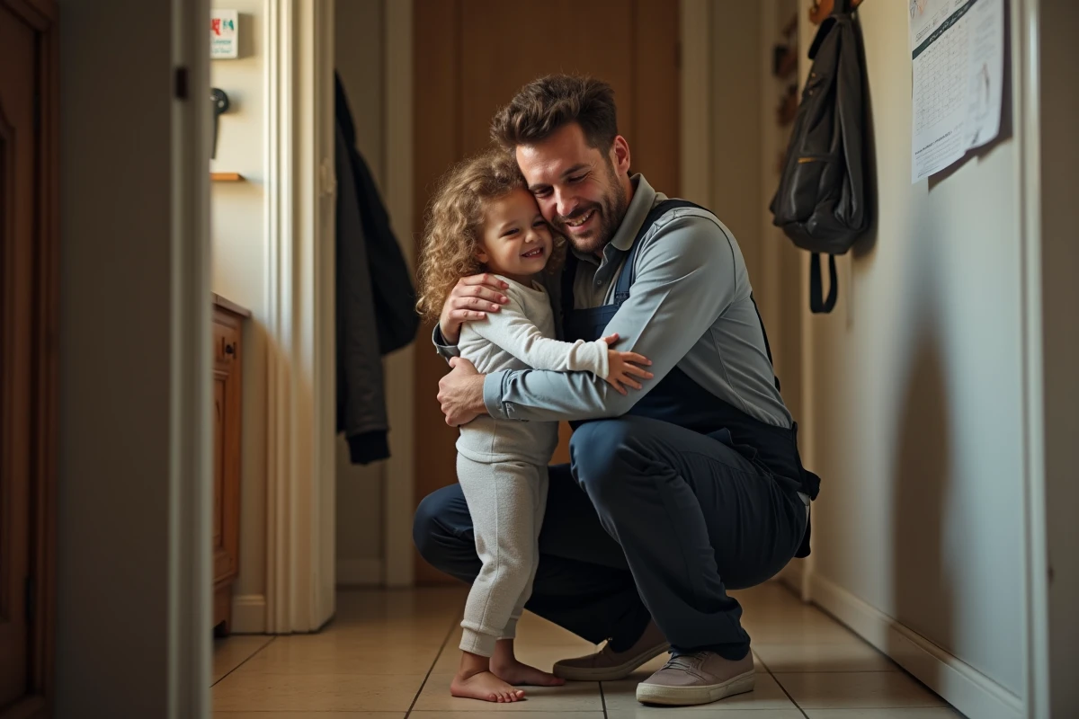 Père en tenue de travail serrant sa fille dans ses bras avant de partir en poste du matin, scène de vie familiale avec horaires décalés