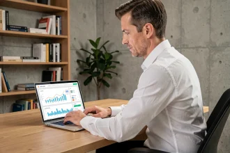 Professionnel du bâtiment analysant son positionnement sur une plateforme en ligne depuis son bureau