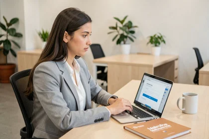Nouvelle salariée effectuant sa première connexion sur le portail myPrimobox depuis son bureau en open space lors de son onboarding