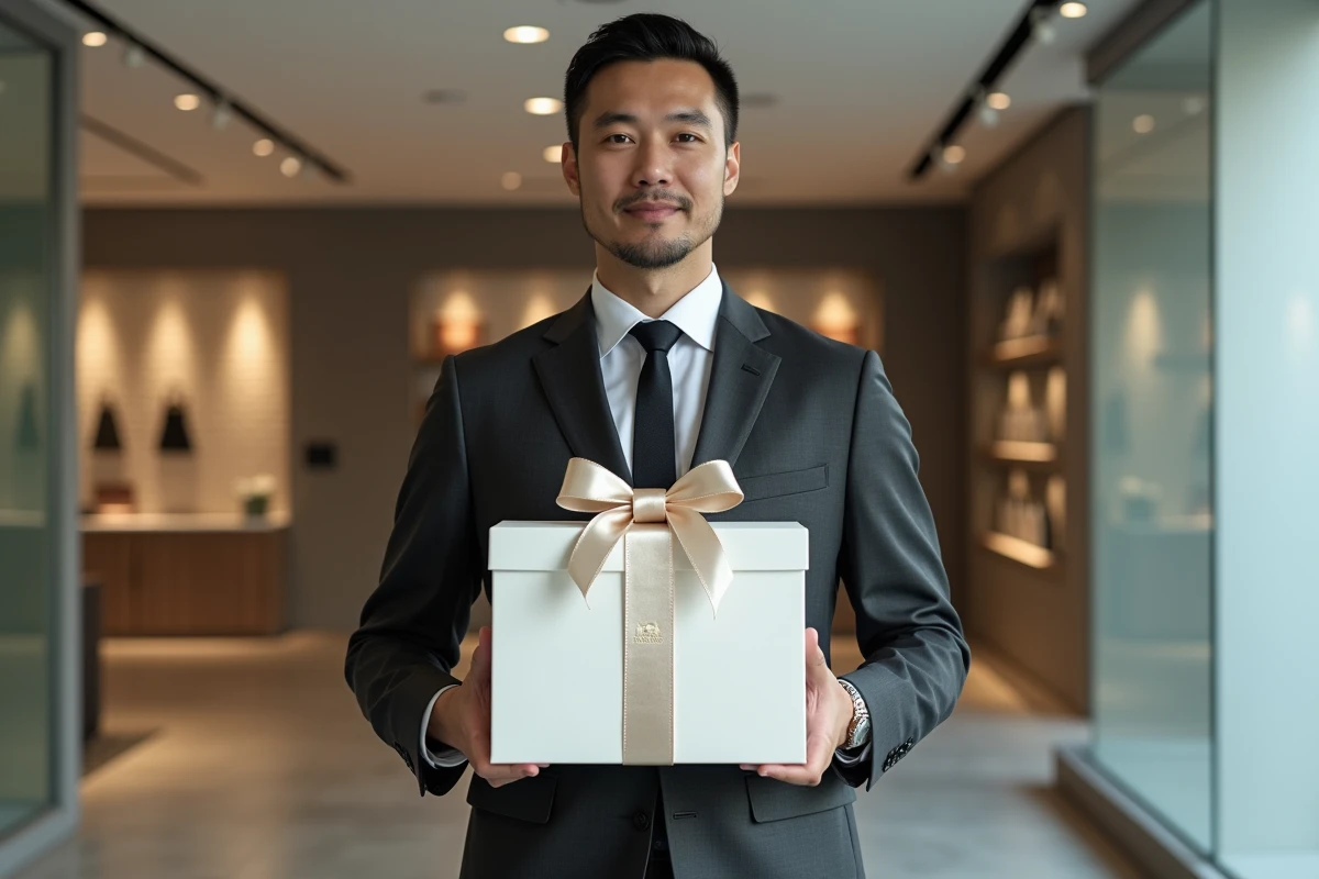 Homme en costume présentant une boîte cadeau luxe blanche avec logo debossé dans un showroom haut de gamme