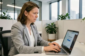 Femme au bureau face à un message d'erreur de connexion sur un portail logiciel de gestion