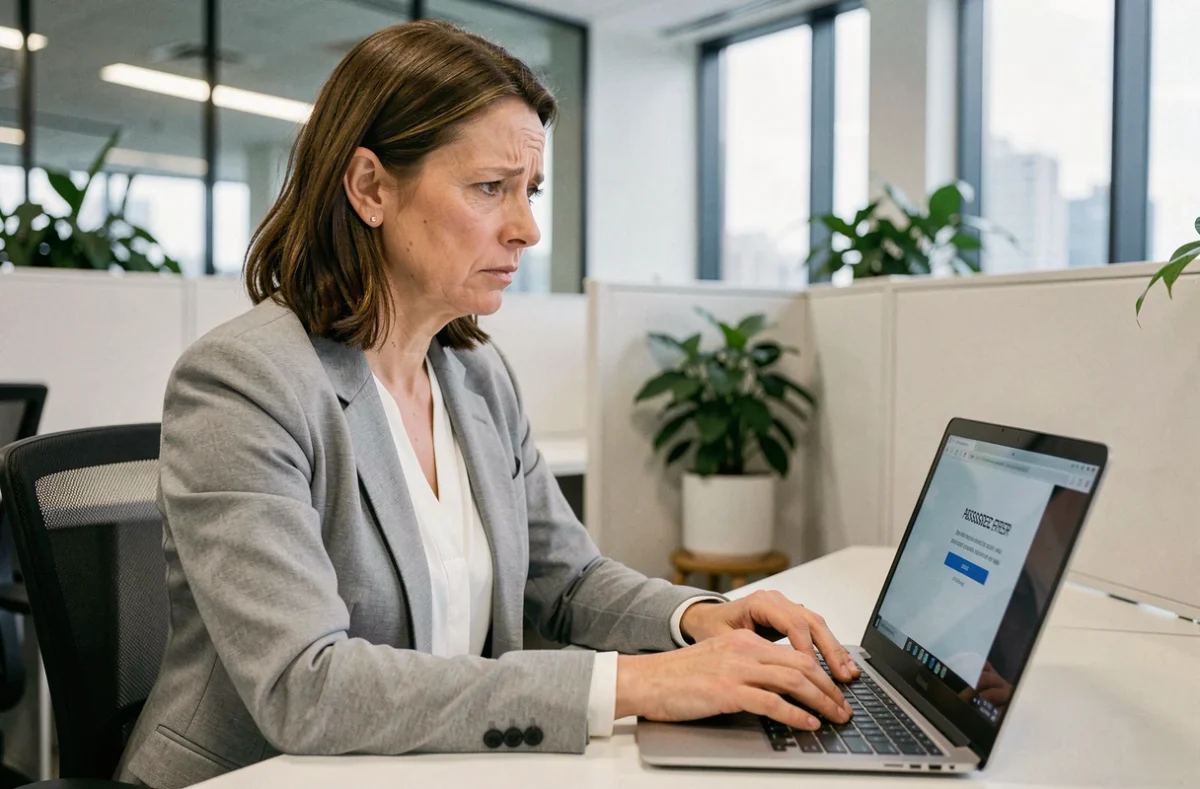 Femme au bureau face à un message d'erreur de connexion sur un portail logiciel de gestion