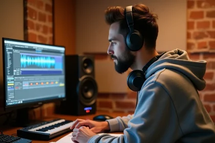 Jeune producteur de musique travaillant sur sa maquette dans un home studio équipé d'un clavier MIDI et d'une interface audio