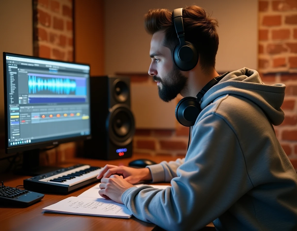 Jeune producteur de musique travaillant sur sa maquette dans un home studio équipé d'un clavier MIDI et d'une interface audio