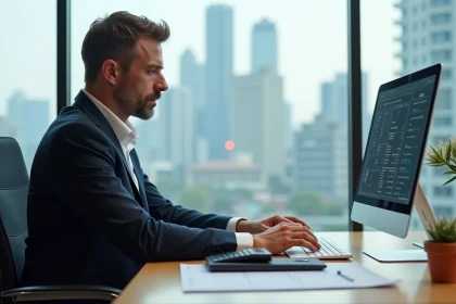 Homme d'affaires concentr&eacute; sur un calculateur financier dans un bureau lumineux