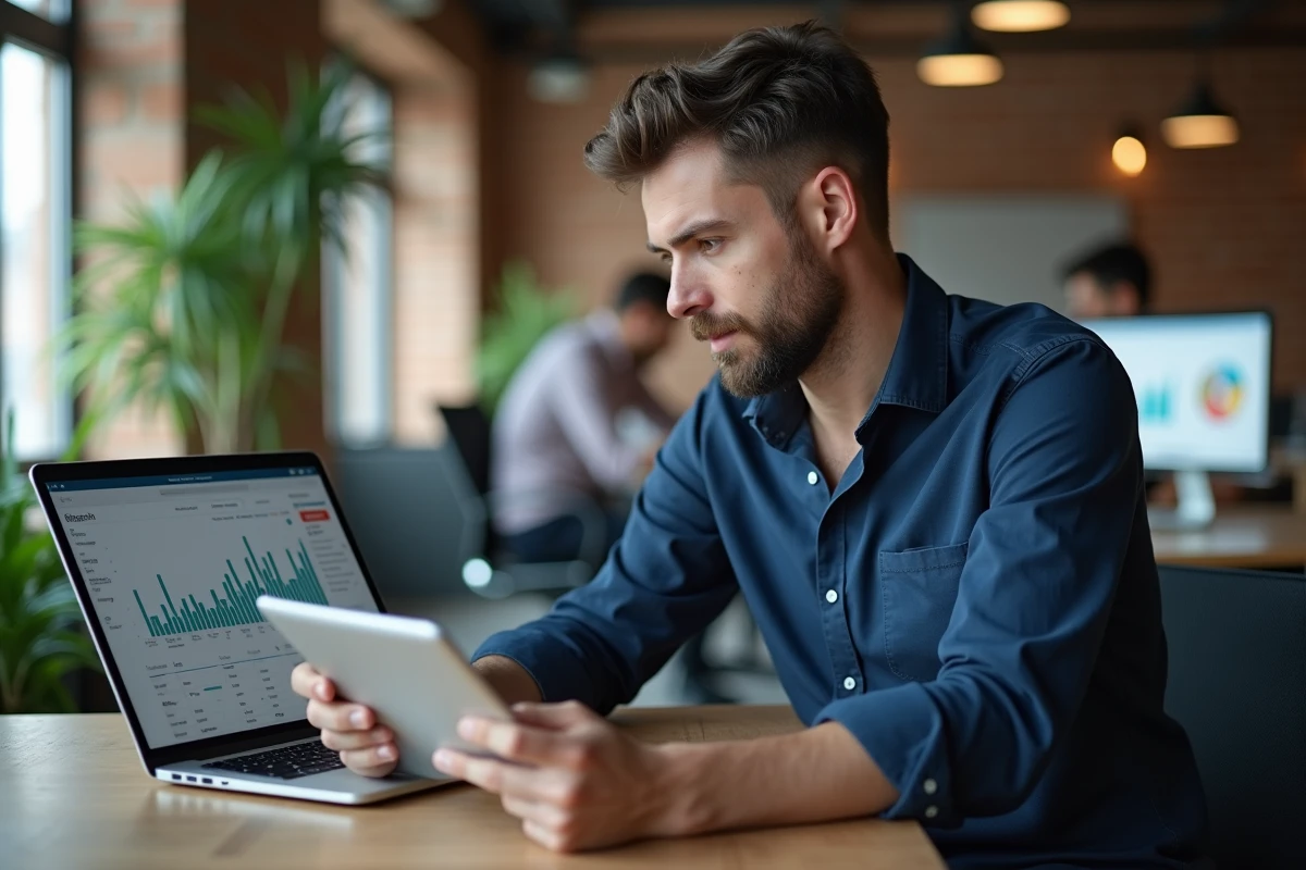 Professionnel du marketing digital comparant les données Instagram Insights sur ordinateur portable et tablette dans un bureau moderne