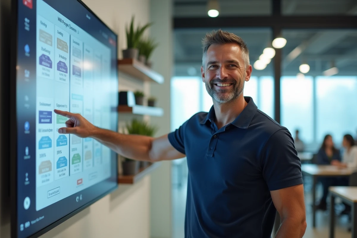 Professionnel de l'immobilier présentant une solution de gestion de parc de locations de vacances sur un écran mural interactif