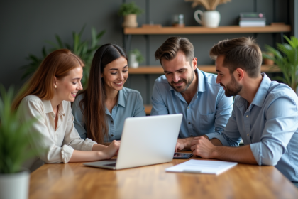 Quatre professionnels en réunion dans un bureau moderne