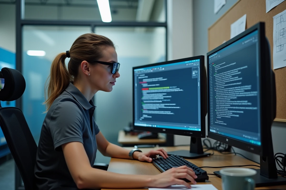 Programmeuse CNC corrigeant des erreurs de code sur logiciel CAM dans un bureau technique d'atelier