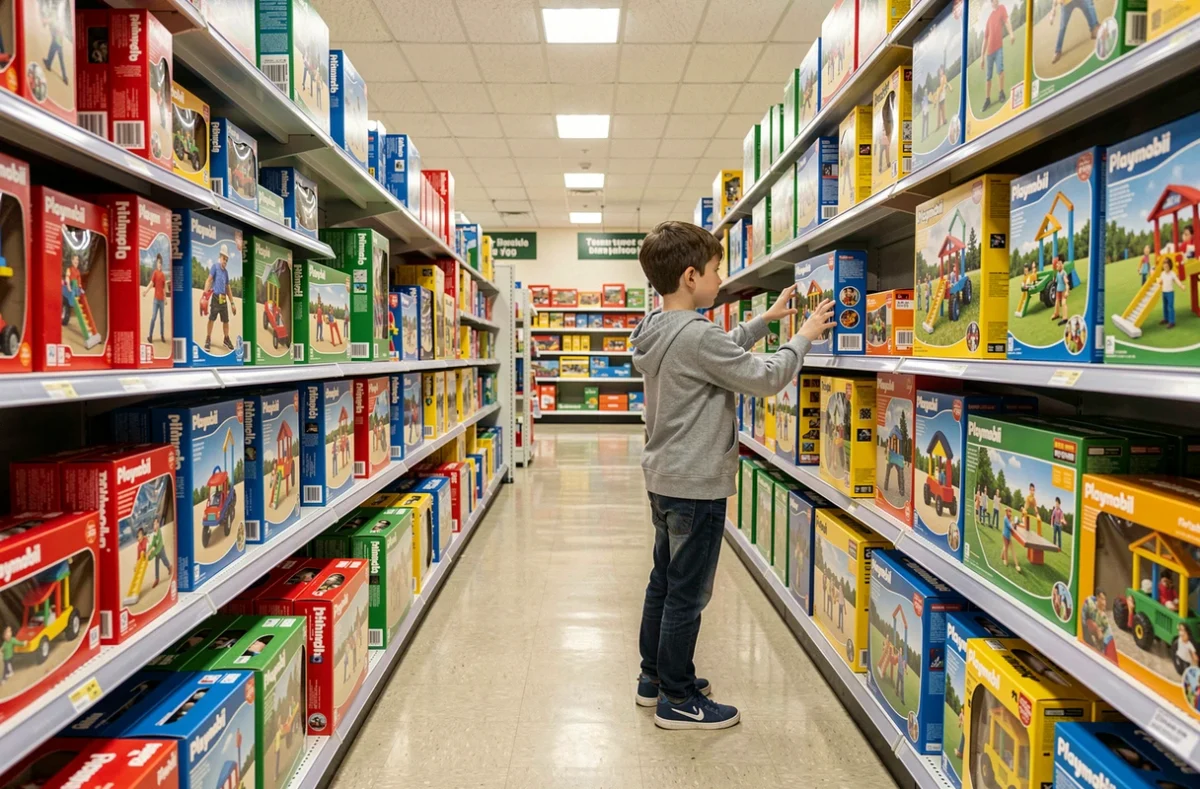 Enfant dans le rayon jouets d'un magasin choisissant une boîte Playmobil parmi des étagères colorées