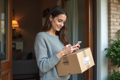 Femme recevant un colis &agrave; sa porte et v&eacute;rifiant la date de livraison sur son smartphone