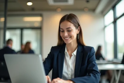 Professionnelle rédigeant un email en anglais sur son ordinateur portable dans un bureau moderne