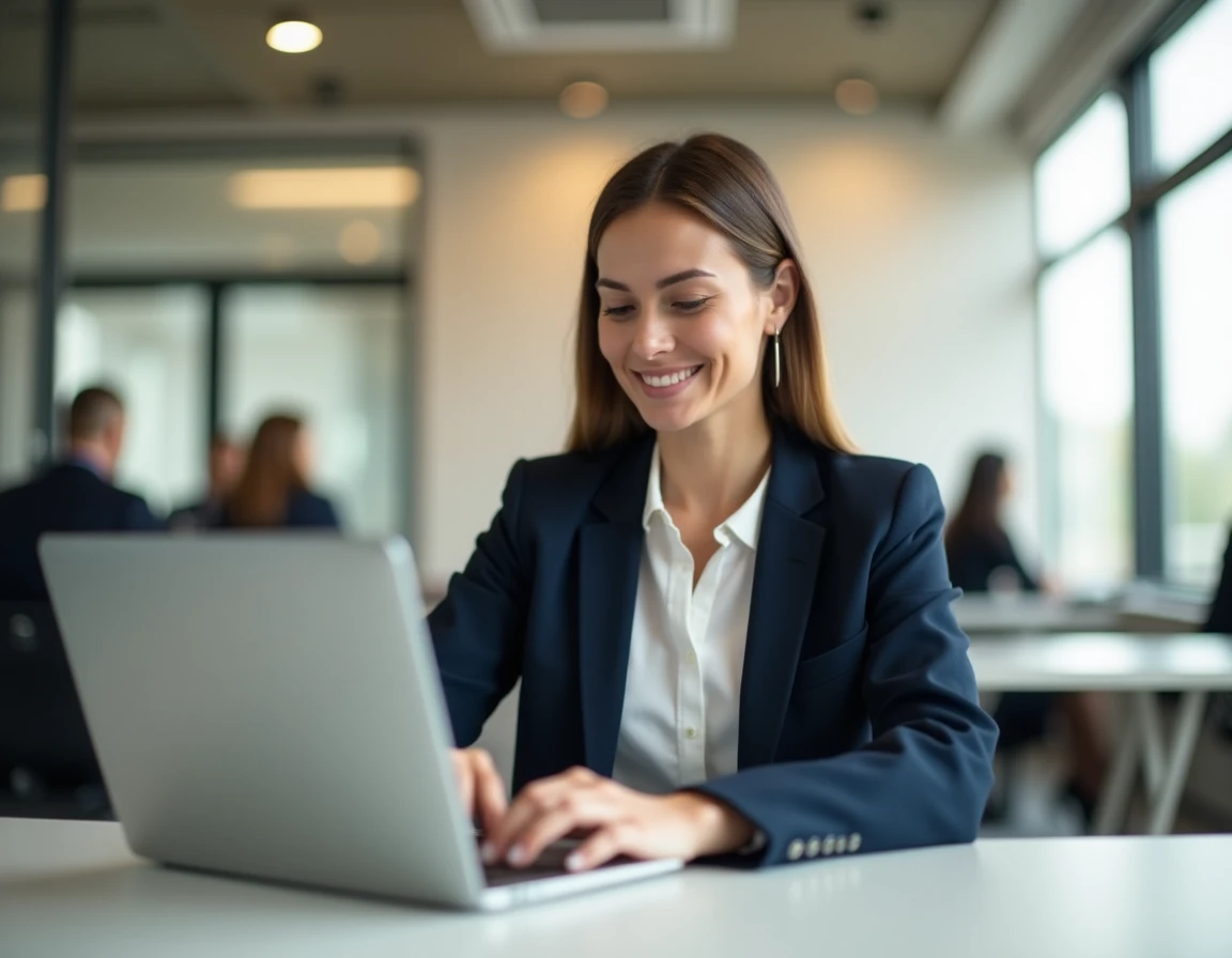 Professionnelle rédigeant un email en anglais sur son ordinateur portable dans un bureau moderne