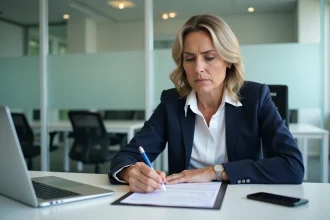 Femme professionnelle rédigeant une lettre de signalement URSSAF sur son bureau administratif