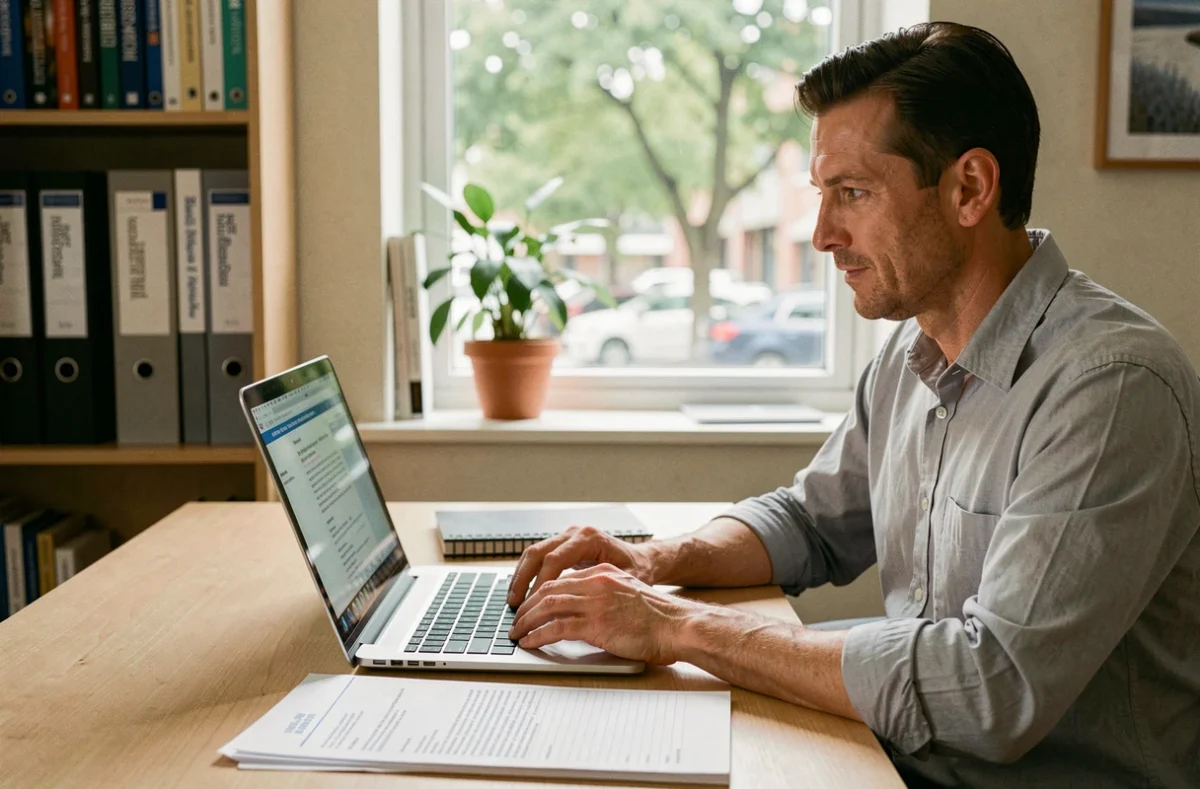 Professionnel RH rédigeant un modèle de note de service sur ordinateur dans un bureau privé calme