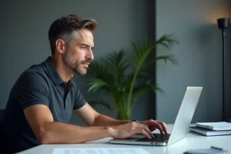Technicien configurant les réglages de son espace affilié Sécuritest sur un ordinateur portable dans un bureau professionnel