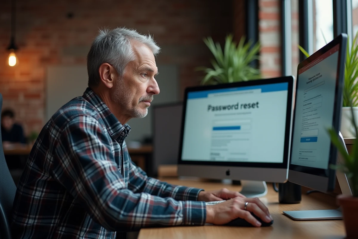 Artisan en train de réinitialiser son mot de passe sur un ordinateur de bureau dans un espace de travail partagé