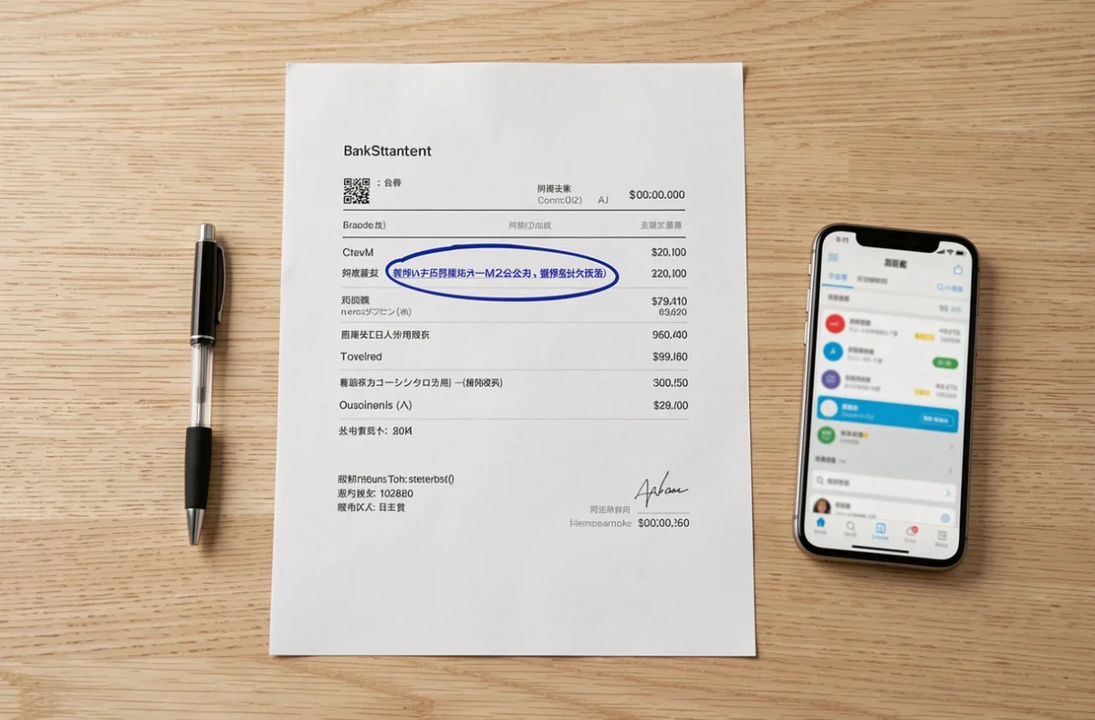 Relevé bancaire papier avec un prélèvement cerclé d'une imprimerie inconnue posé sur un bureau avec un stylo et un smartphone