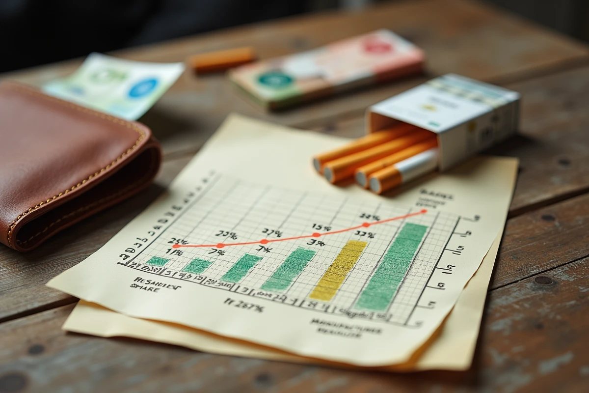 Infographie manuscrite sur bureau en bois montrant la répartition économique du prix d'un paquet de cigarettes
