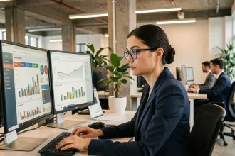 Femme analyste consultant des tableaux de bord de reporting automatisé sur deux écrans dans un bureau moderne en 2026