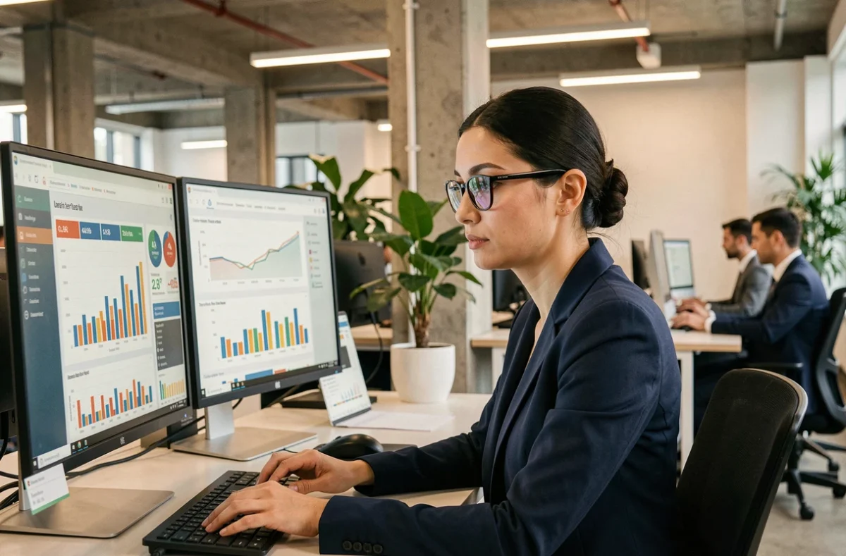Femme analyste consultant des tableaux de bord de reporting automatisé sur deux écrans dans un bureau moderne en 2026