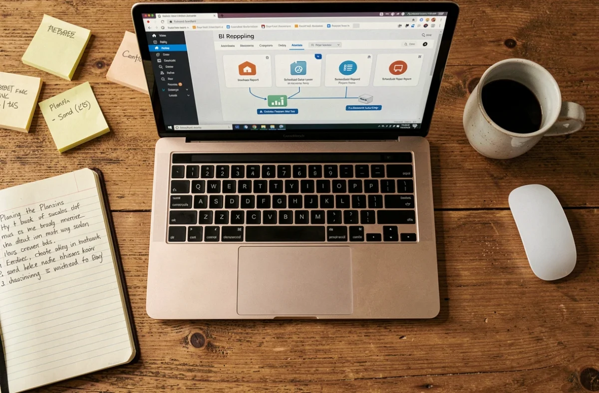 Bureau en télétravail avec laptop affichant une interface de reporting automatisé connectée, carnet de notes et café