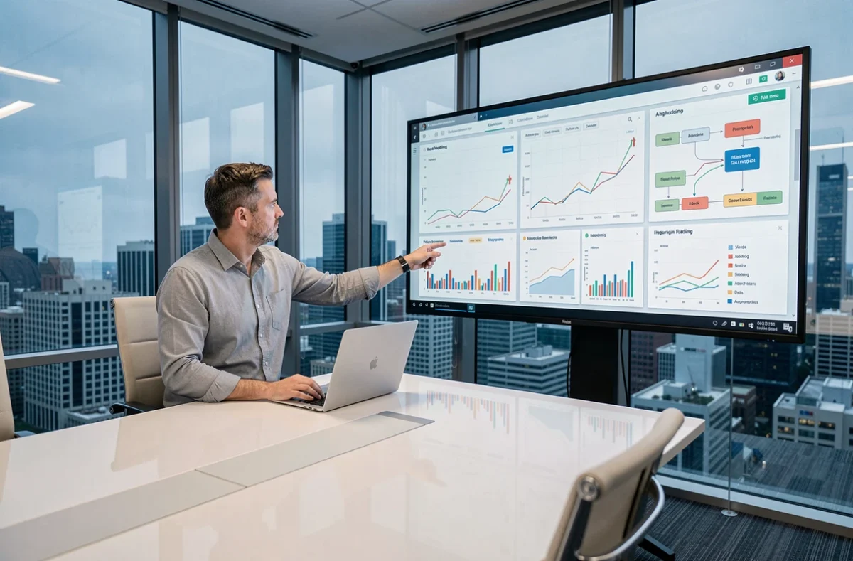 Analyste de données présentant un reporting automatisé sur écran interactif dans une salle de conférence d'entreprise moderne