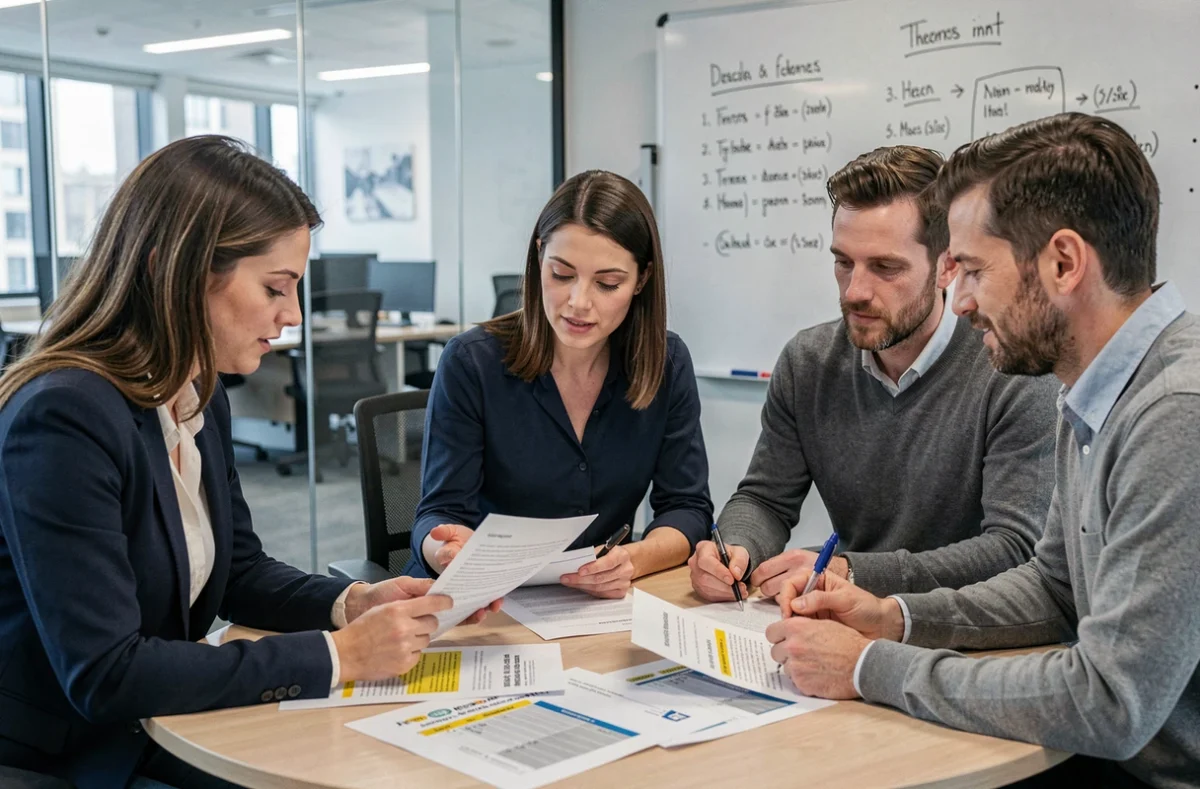 Un groupe de collègues en réunion examine les clauses légales du Code du travail relatives au temps partiel autour d'une table de conférence