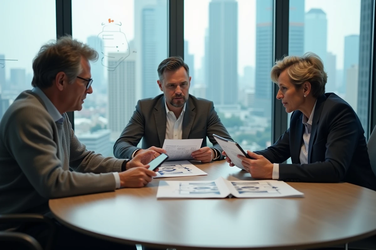 Équipe professionnelle en réunion comparant des solutions B2B avec rapports imprimés et tablettes