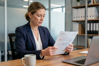 Responsable RH analysant une note de service annotée dans un bureau moderne en open space