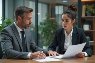 Un employé et un responsable RH examinent ensemble un document de rupture conventionnelle dans un bureau d'entreprise moderne