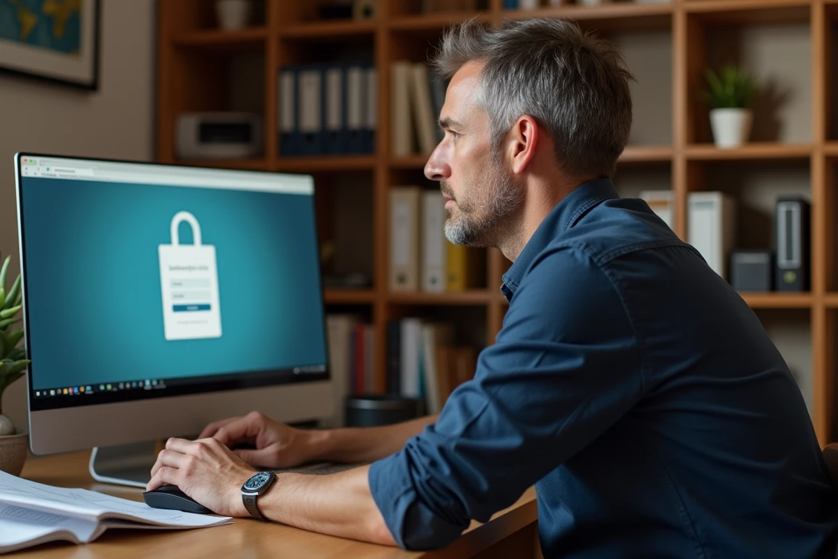 Salarié consultant son espace personnel PaiePilote sur un ordinateur de bureau à domicile avec bulletin de salaire