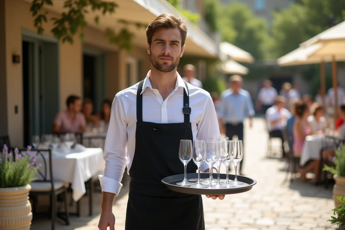 Serveur extra portant un plateau en terrasse de restaurant, emploi saisonnier et cotisations Urssaf