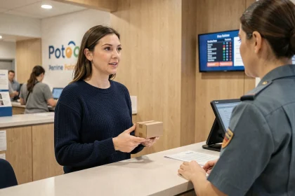 Une femme dépose un colis au comptoir d'un bureau de poste et discute avec un agent du service client UPS ou relais colis en France