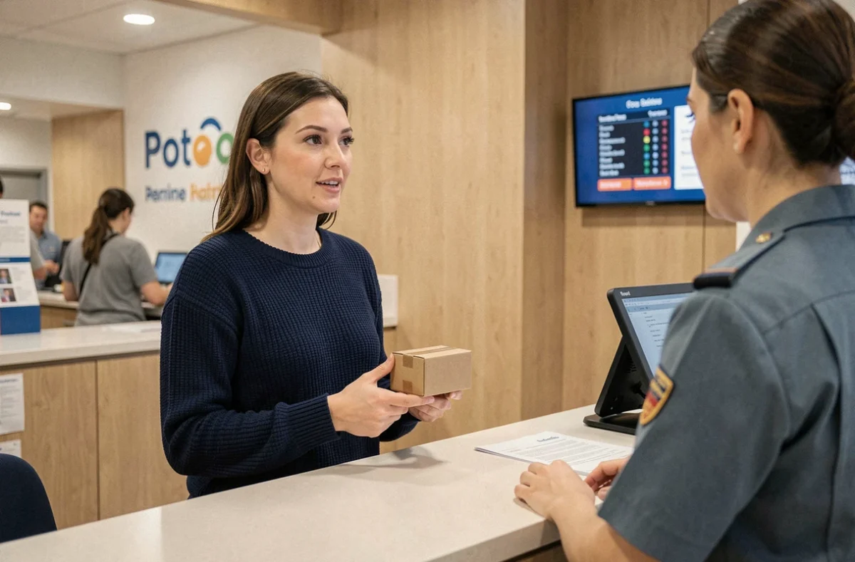 Une femme dépose un colis au comptoir d'un bureau de poste et discute avec un agent du service client UPS ou relais colis en France
